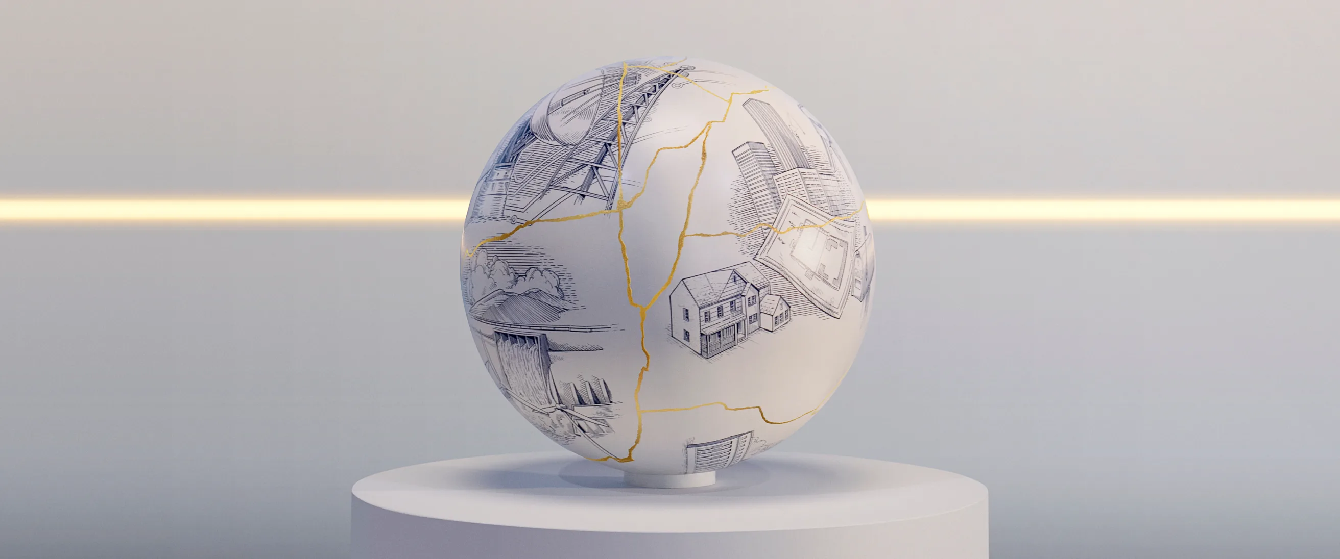 A large egg sculpture with visible golden cracks and blue architectural sketches sits on a white pedestal against a soft, gradient background with a horizontal glowing line.