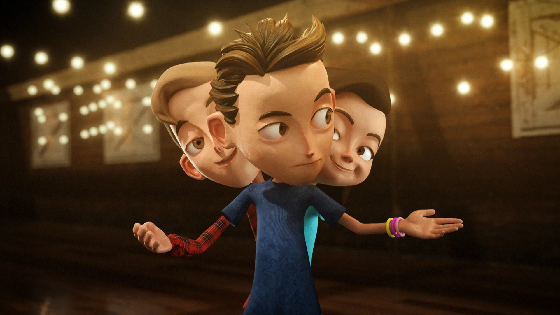 Animated character with three heads, each facing a different direction, stands indoors with string lights in the background and arms outstretched in a questioning gesture.